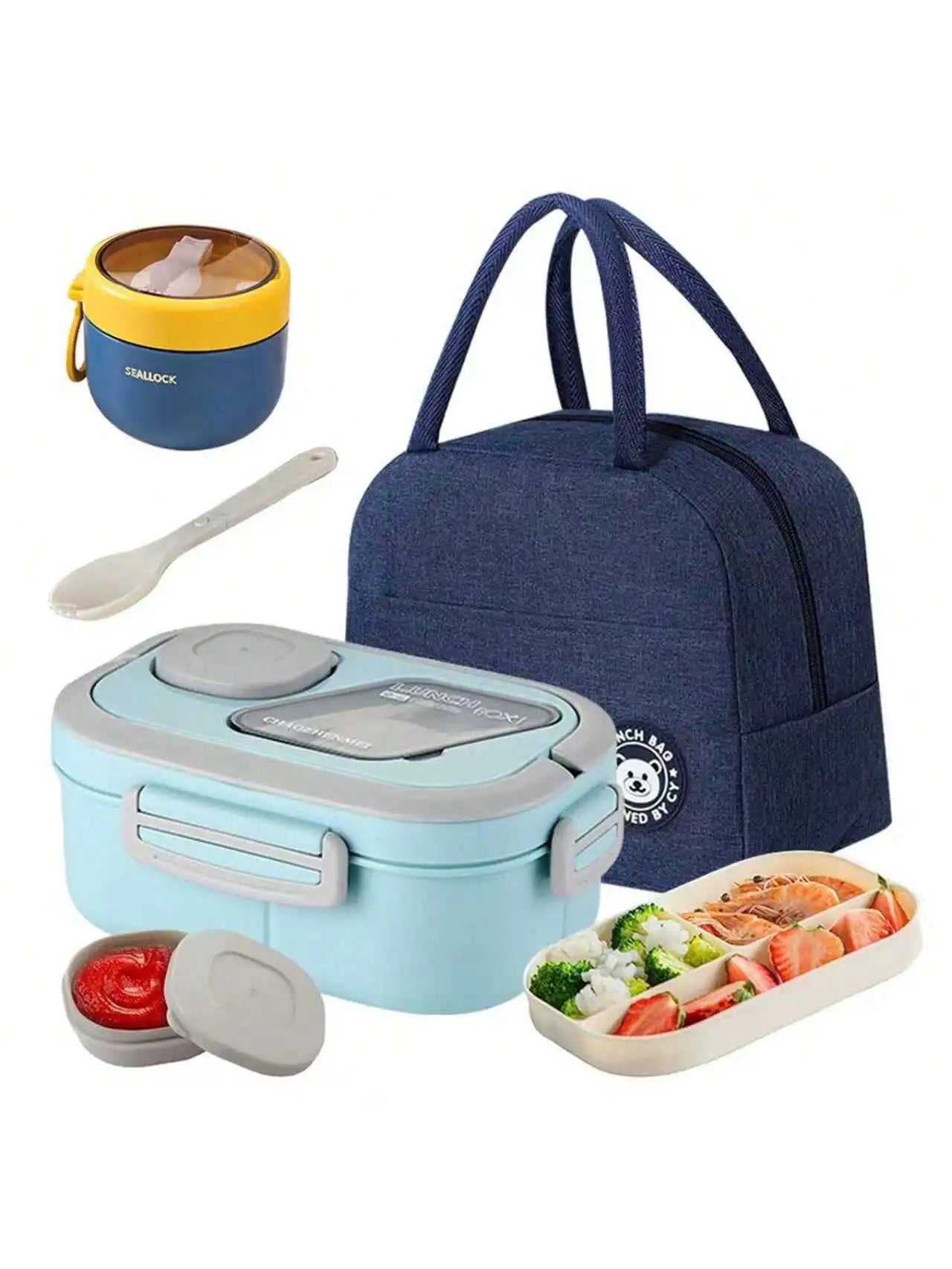 2-Layer Multi-Compartment Lunch Box Set Includes Cutlery And Sauce Container
