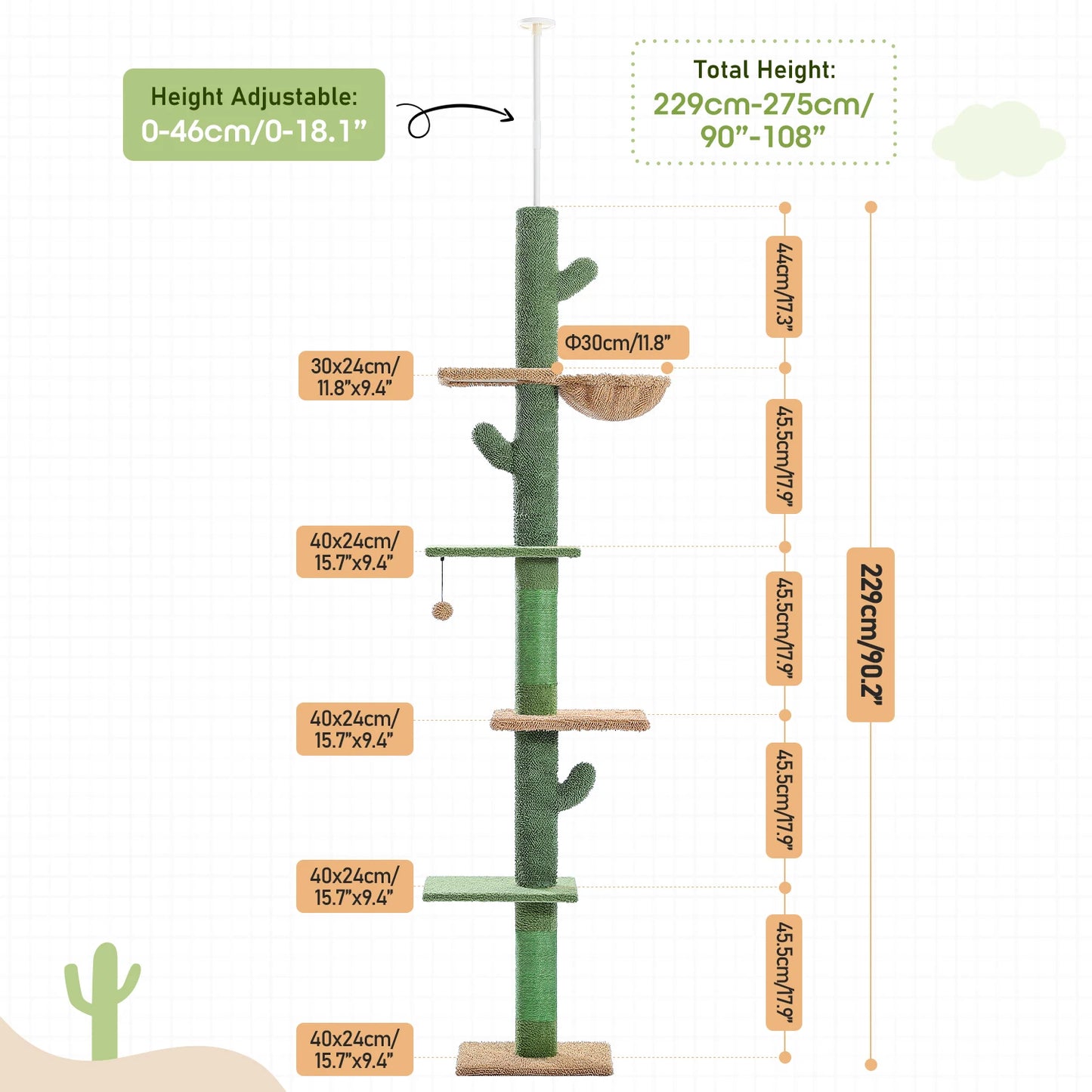 Cactus Cat Tree 5-Tier Floor to Ceiling Climbing Tree with Scratching Post and Hammock Dangling Ball