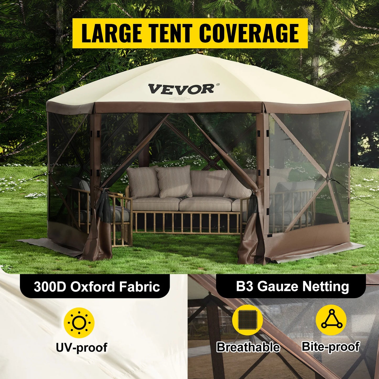 SucceBuy Pop-up Camping Gazebo Canopy 6 Sided 12' x 12' / 10' x 10'
