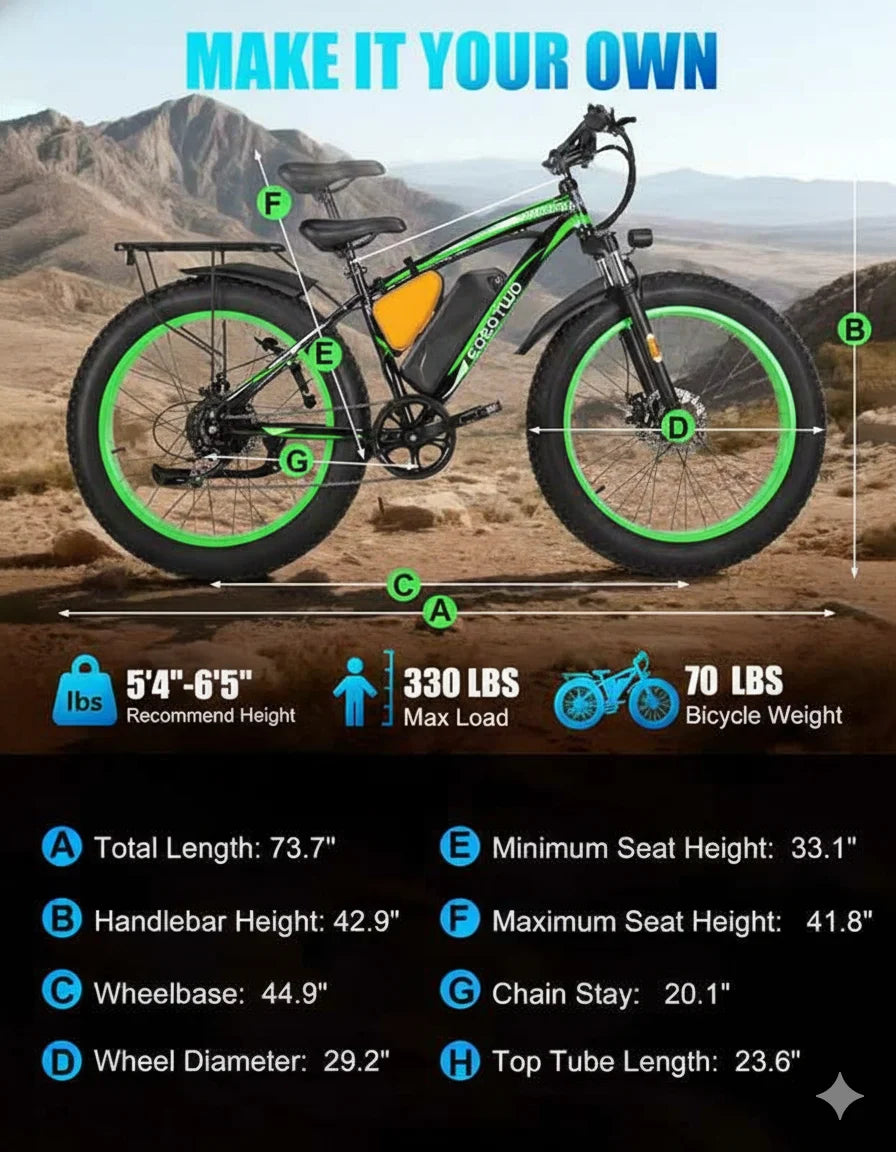 26" Fat Tire Electric Bike 48V 20Ah Battery 1000W Motor (Peak 1500W)  25-30MPH