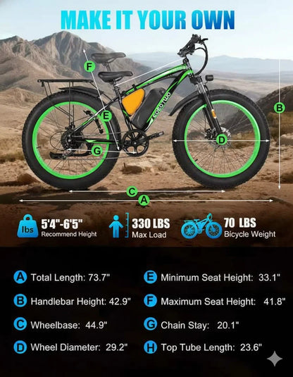 26" Fat Tire Electric Bike 48V 20Ah Battery 1000W Motor (Peak 1500W)  25-30MPH