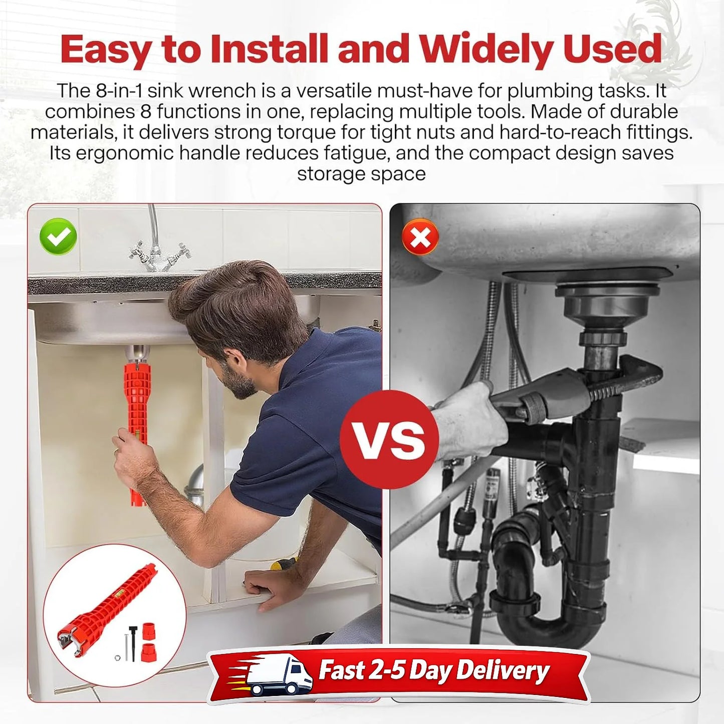 Multifunctional 8 In 1 Plumbing Wrench, Faucet Sink Install Kitchen and Bathroom Toilet Pipe Maintenance