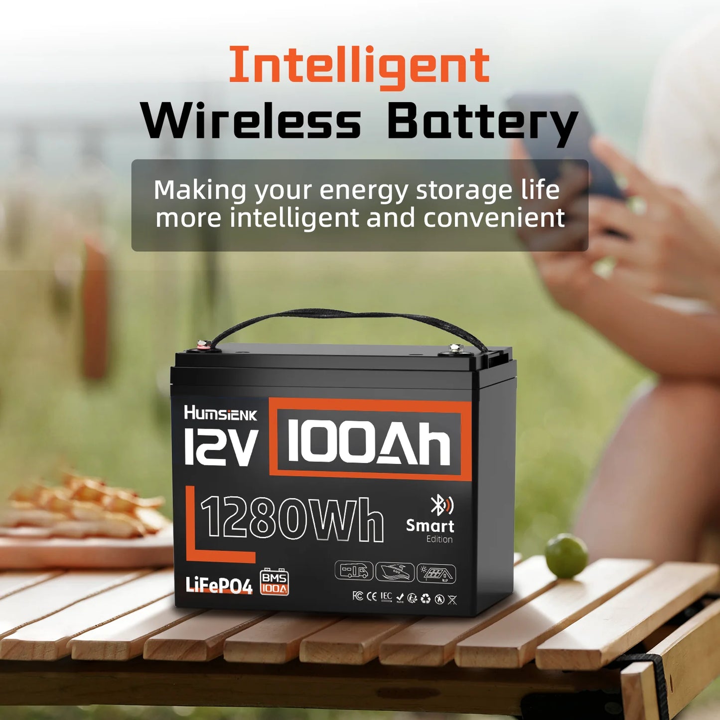 Humsienk 12V 100AH LiFePO4 Lithium Battery 1280Wh With Bluetooth/2-Year Warranty