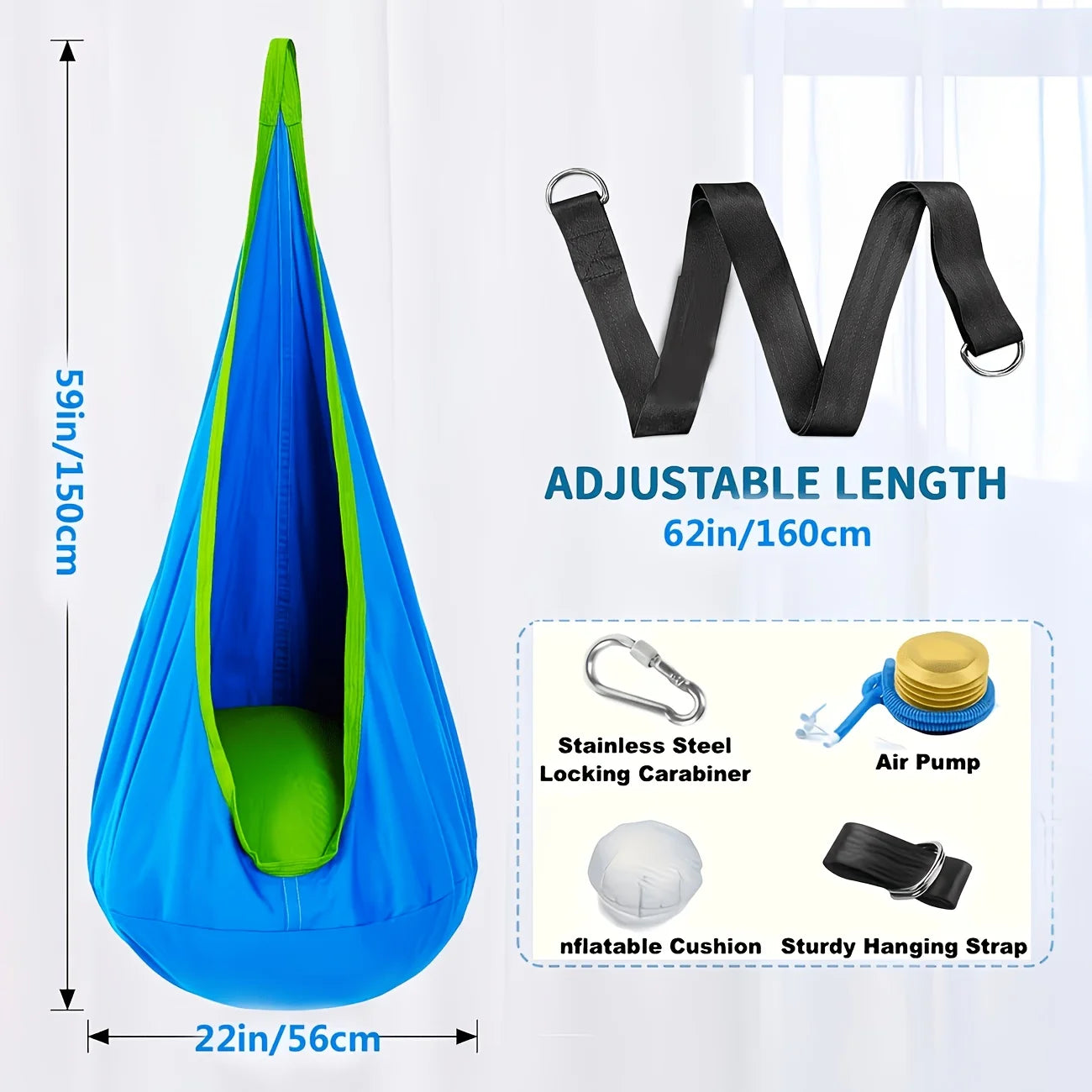 Indoor/Outdoor Hanging Hammock Chair Includes Inflatable Pillow And Cylinder, Storage Bag, Maximum Load Capacity of 264 Pounds, Includes Straps And Screws, Woven Nylon Fabric, No Batteries