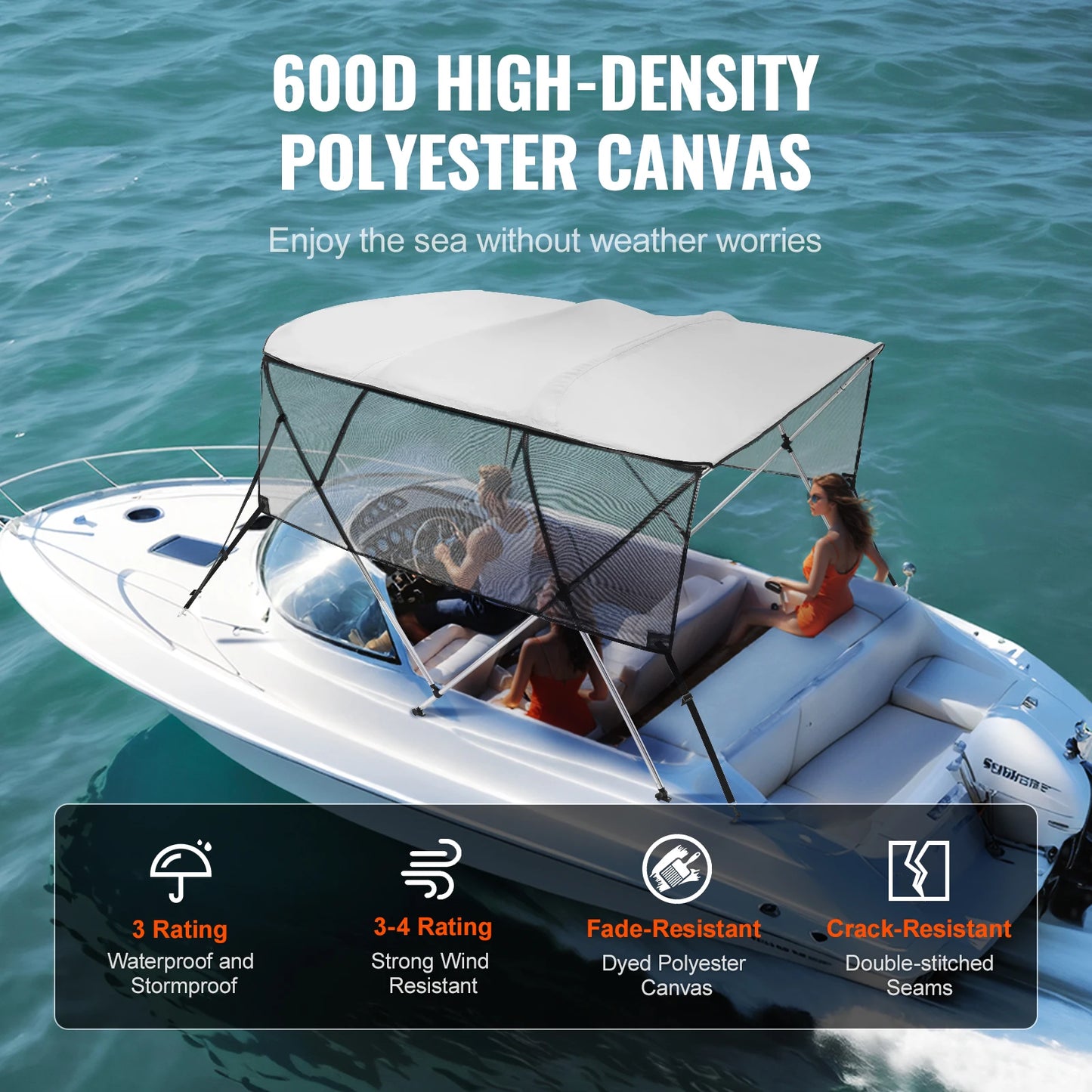 SucceBuy 4 Bow Bimini Top Detachable Boat Cover with Mesh Sidewalls