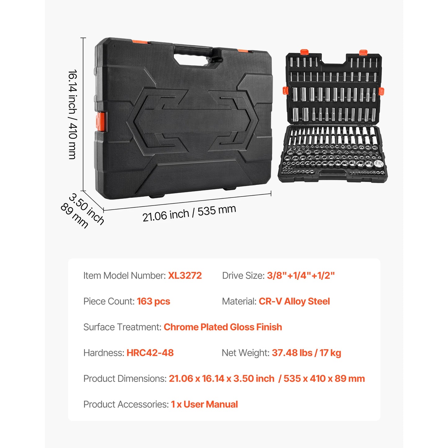 SucceBuy 86 Pieces 3/8 1/4 1/2in Drive Socket and Ratchet Set