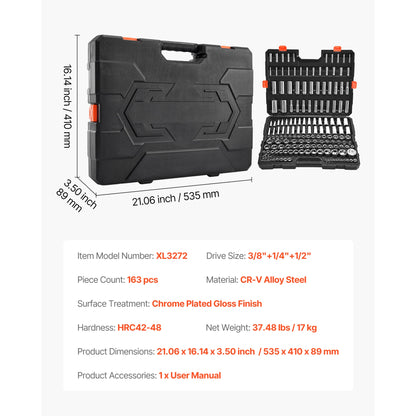 SucceBuy 86 Pieces 3/8 1/4 1/2in Drive Socket and Ratchet Set