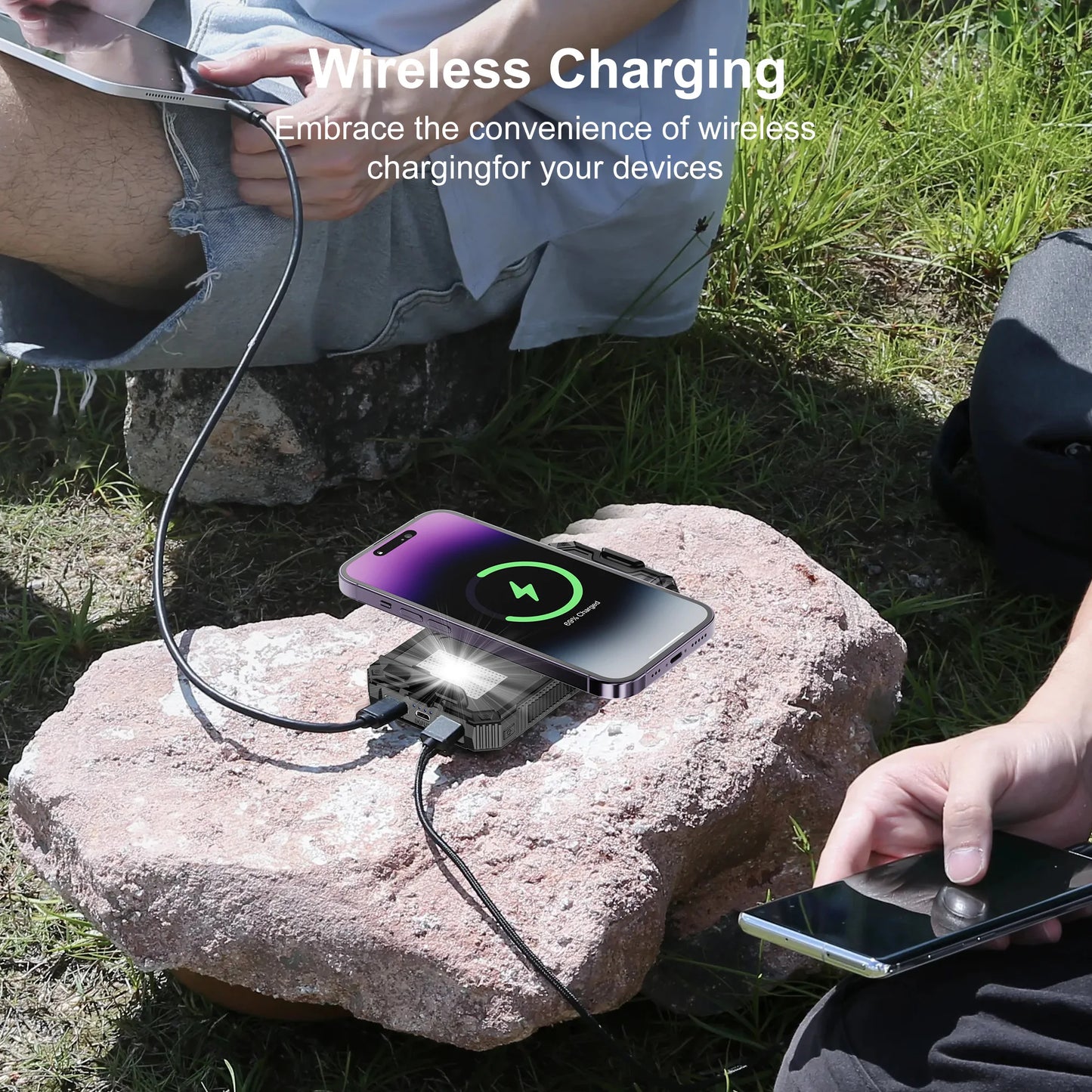 Solar Power Bank Wireless Charger, USB C Input/Output with Camping Flashlight for Cell Phone
