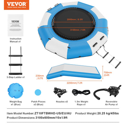 SucceBuy 10ft  Portable Inflatable Water Trampoline  with Slide 3-Step Ladder