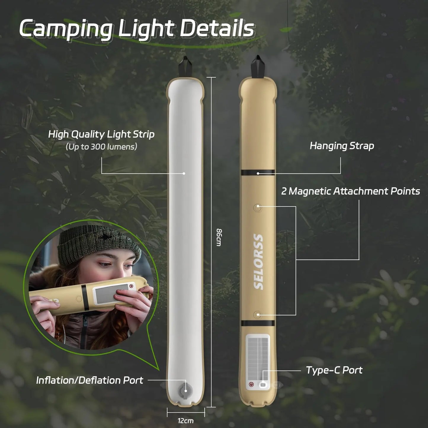 SELORSS Solar Folding Portable Camping Lantern USB-Type C