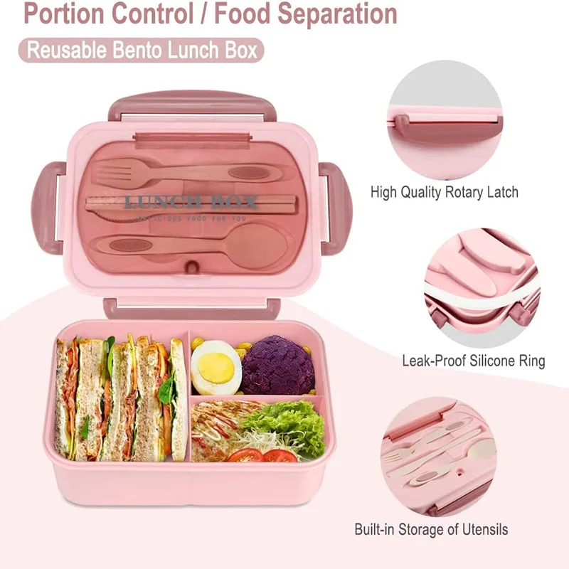 1200ML Bento Lunch Container With Utensils, 3 Compartments, Microwave-Ready