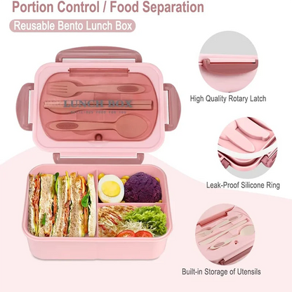 1200ML Bento Lunch Container With Utensils, 3 Compartments, Microwave-Ready