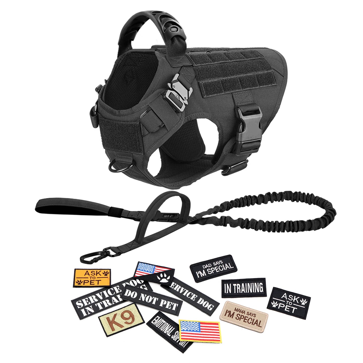 Large Training Military Dog Harness Collar Leash Bags Patches Set