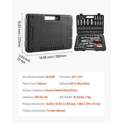 SucceBuy 86 Pieces 3/8 1/4 1/2in Drive Socket and Ratchet Set