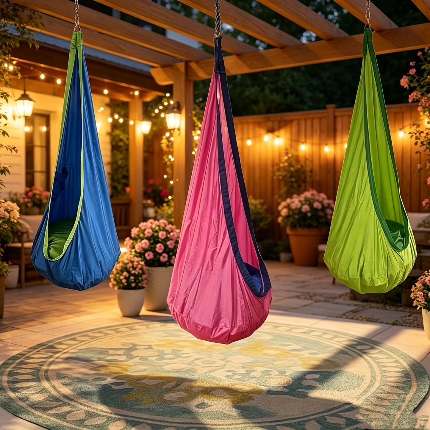 Indoor/Outdoor Hanging Hammock Chair Includes Inflatable Pillow And Cylinder, Storage Bag, Maximum Load Capacity of 264 Pounds, Includes Straps And Screws, Woven Nylon Fabric, No Batteries