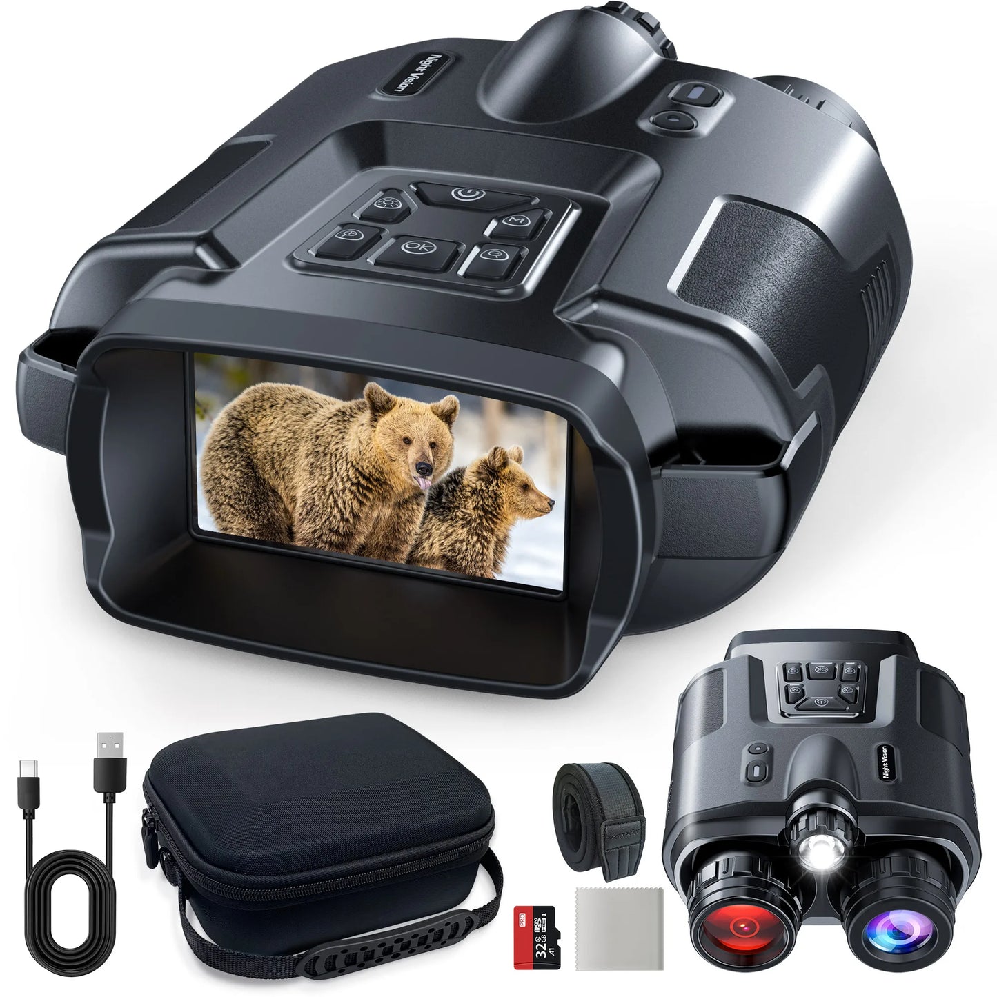 4K Night Vision Binoculars 64GB Memory Card 3inch Screen 8X Digital Zoom With Tactical Light