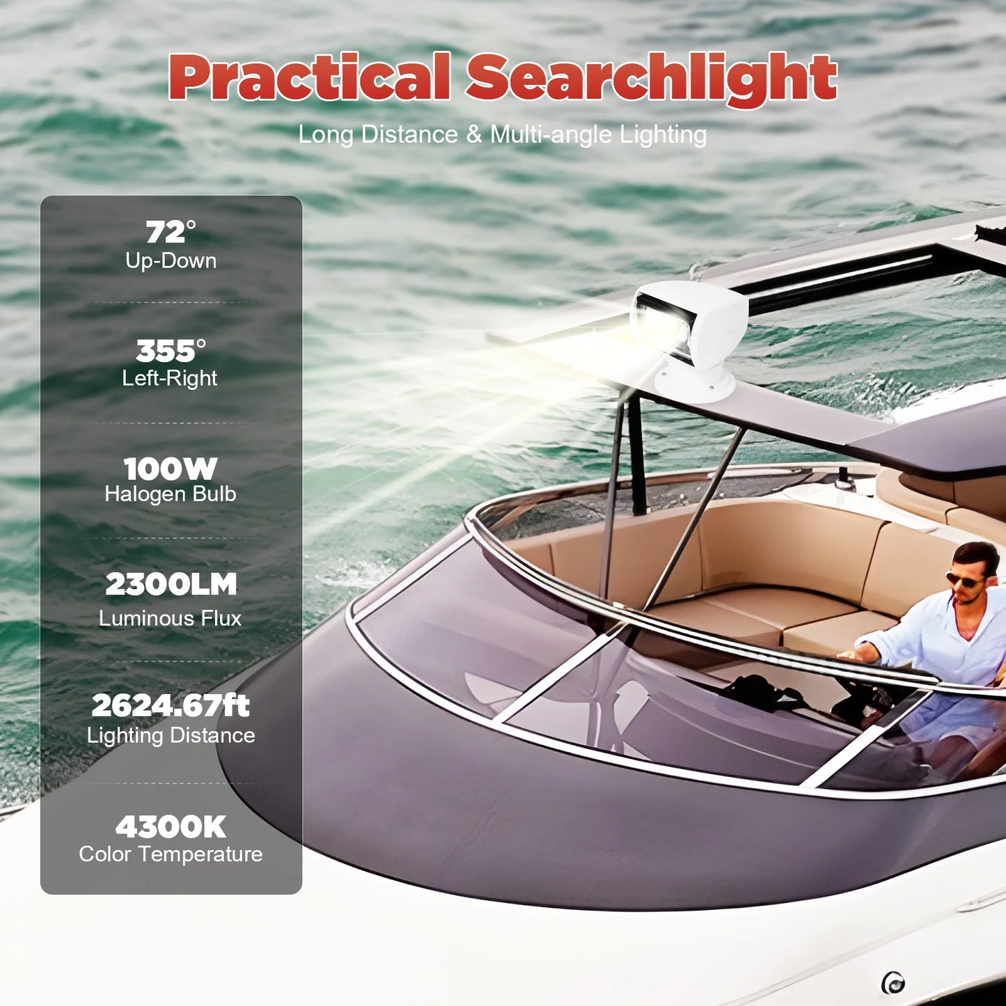 Marine Spotlight  Remote Control 12V 100W Waterproof, White, 360° Rotatable for Boat