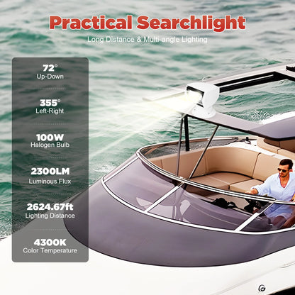 Marine Spotlight  Remote Control 12V 100W Waterproof, White, 360° Rotatable for Boat