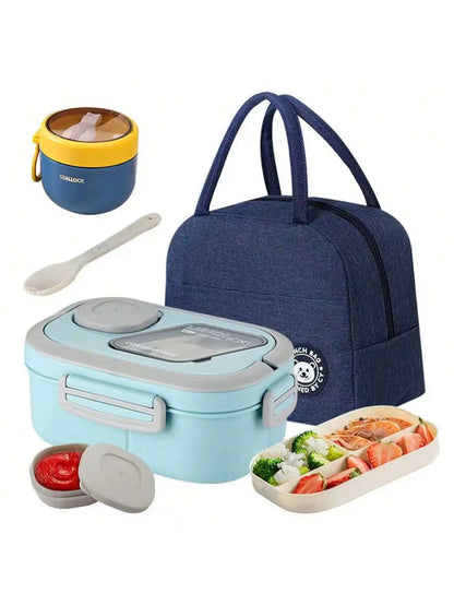 2-Layer Multi-Compartment Lunch Box Set Includes Cutlery And Sauce Container