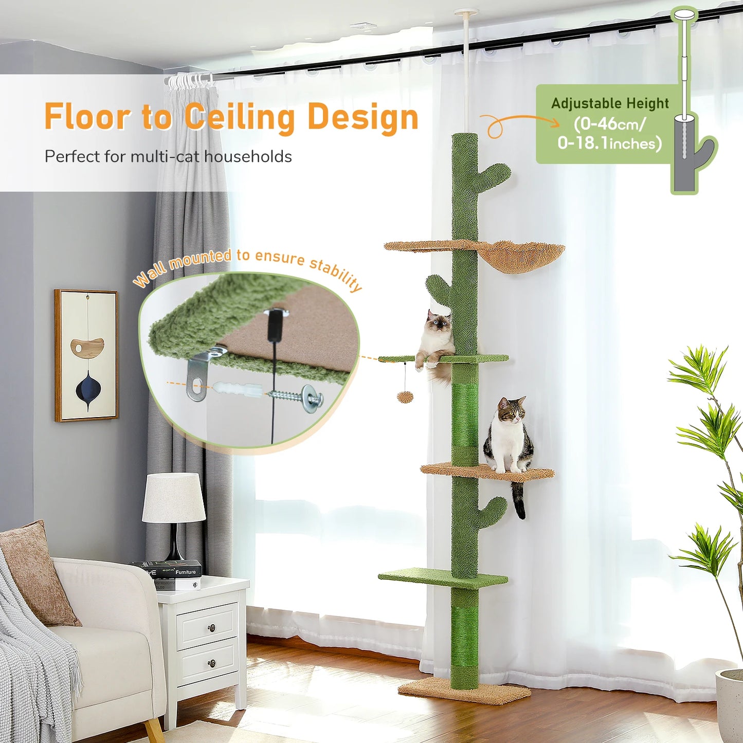 Cactus Cat Tree 5-Tier Floor to Ceiling Climbing Tree with Scratching Post and Hammock Dangling Ball