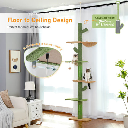 Cactus Cat Tree 5-Tier Floor to Ceiling Climbing Tree with Scratching Post and Hammock Dangling Ball