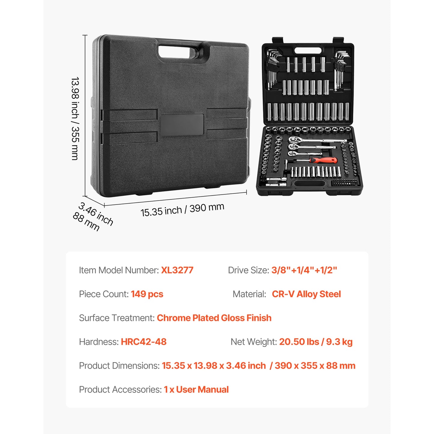 SucceBuy 86 Pieces 3/8 1/4 1/2in Drive Socket and Ratchet Set