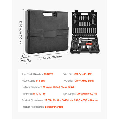 SucceBuy 86 Pieces 3/8 1/4 1/2in Drive Socket and Ratchet Set