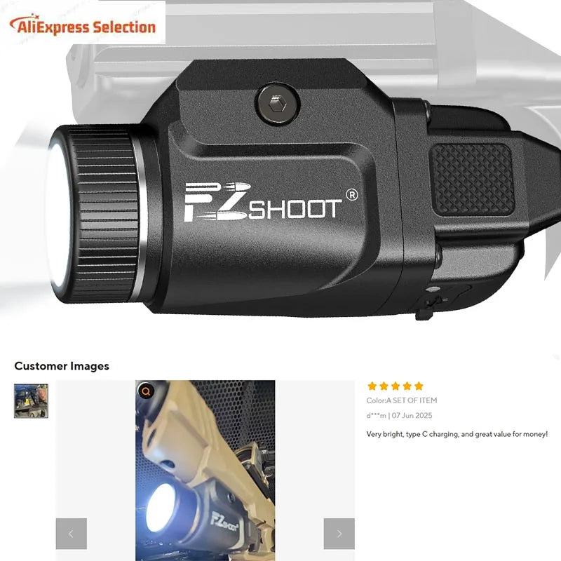 Rechargeable Bright Pistol Flashlight With Strobe Mode For Picatinny and GL Rails