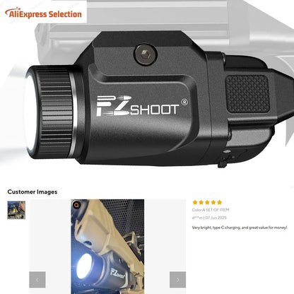 Rechargeable Bright Pistol Flashlight With Strobe Mode For Picatinny and GL Rails