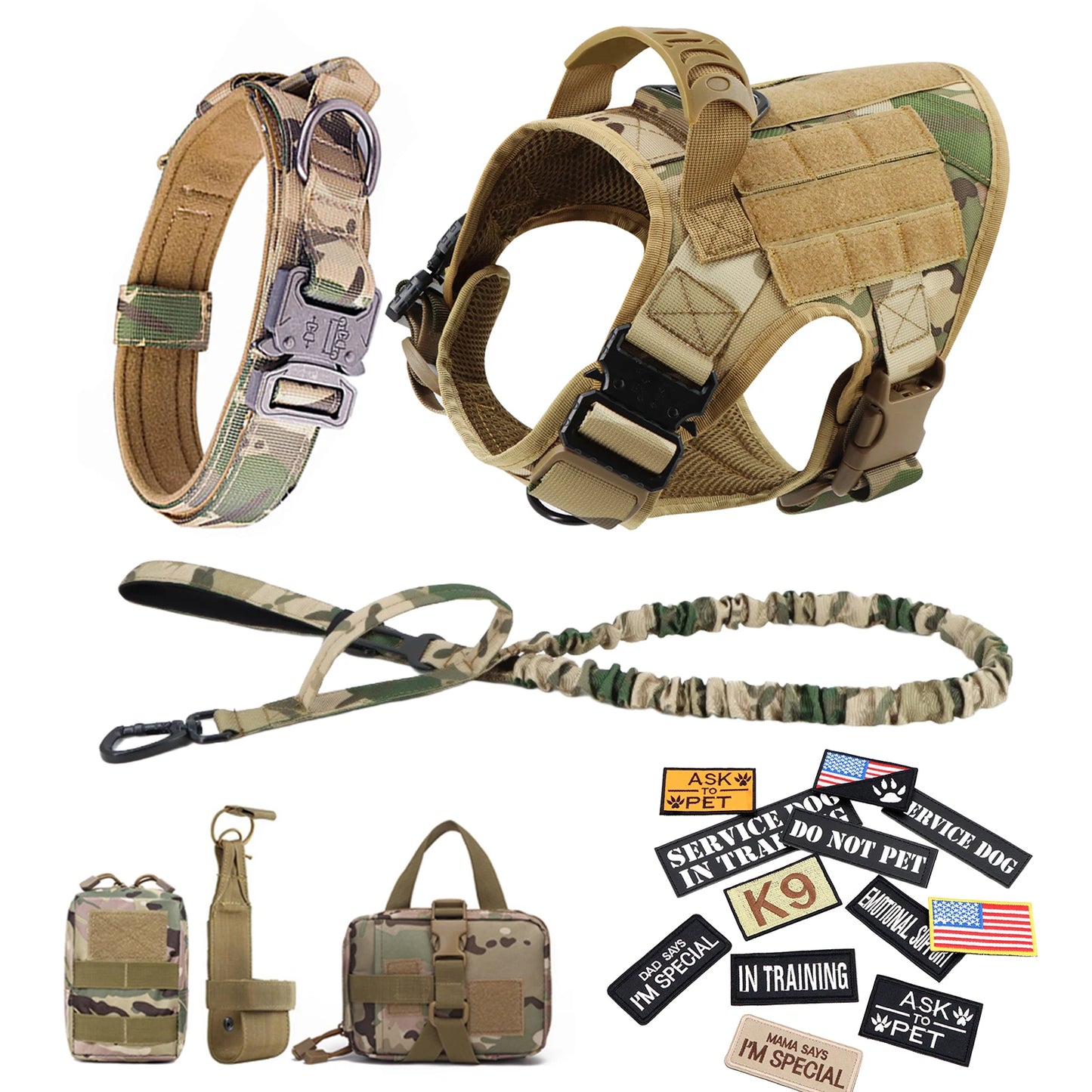 Large Training Military Dog Harness Collar Leash Bags Patches Set