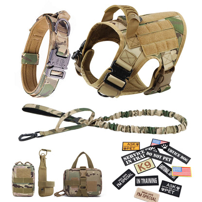 Large Training Military Dog Harness Collar Leash Bags Patches Set