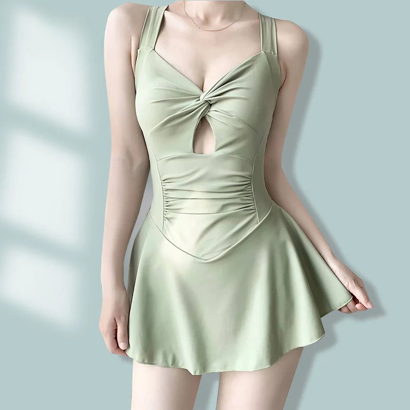 Solid Color Slimming One-piece  Slimming Dress Swimsuit