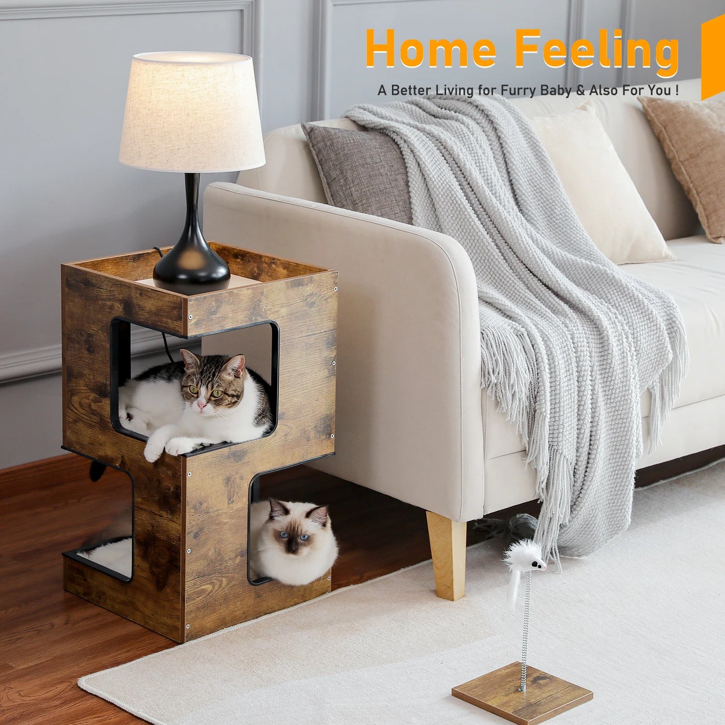 Wood Cat Condo House Bed with Removable Soft Mats