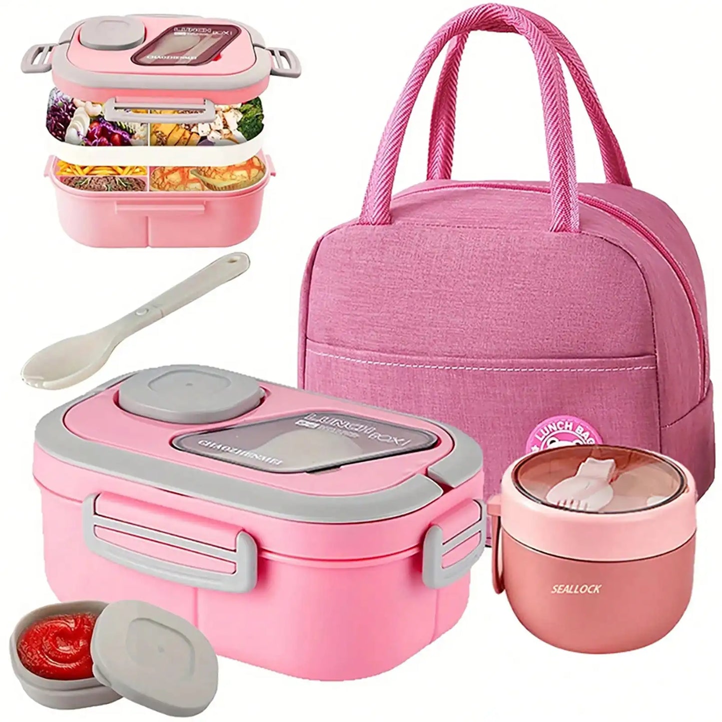 2-Layer Multi-Compartment Lunch Box Set Includes Cutlery And Sauce Container
