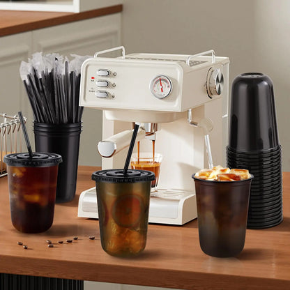 50 Sets of 16oz Black Transparent Cups with Lids and Straws