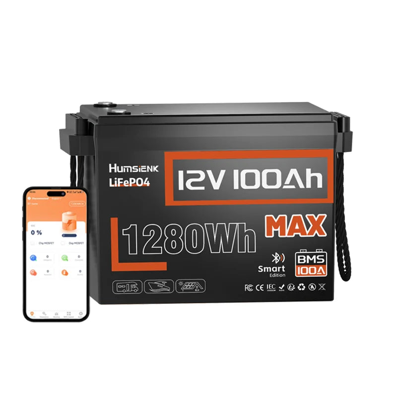 Humsienk 12V 100AH LiFePO4 Lithium Battery 1280Wh With Bluetooth/2-Year Warranty