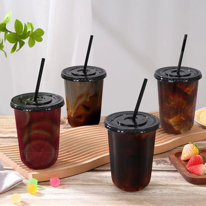 50 Sets of 16oz Black Transparent Cups with Lids and Straws