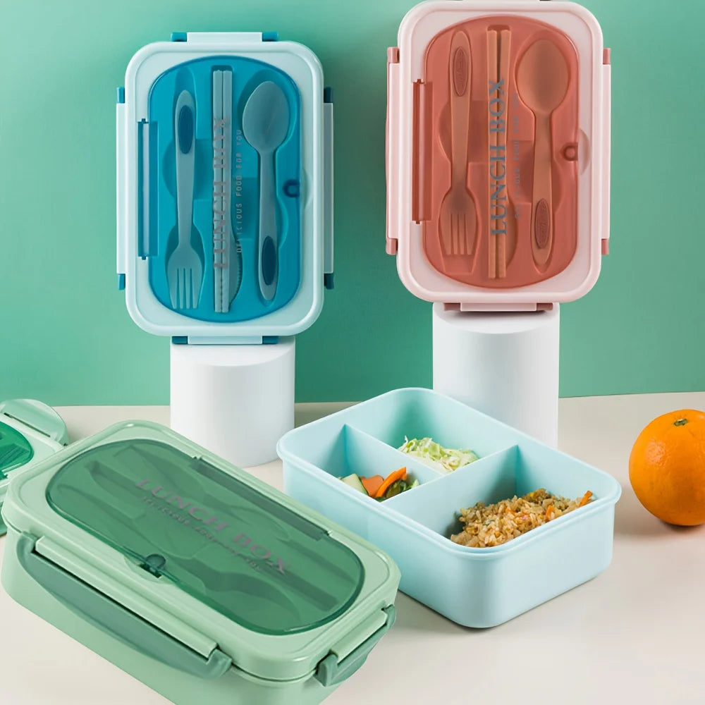 1200ML Bento Lunch Container With Utensils, 3 Compartments, Microwave-Ready