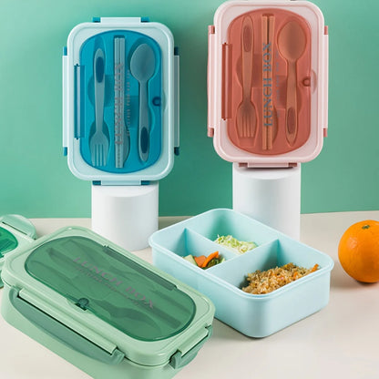 1200ML Bento Lunch Container With Utensils, 3 Compartments, Microwave-Ready