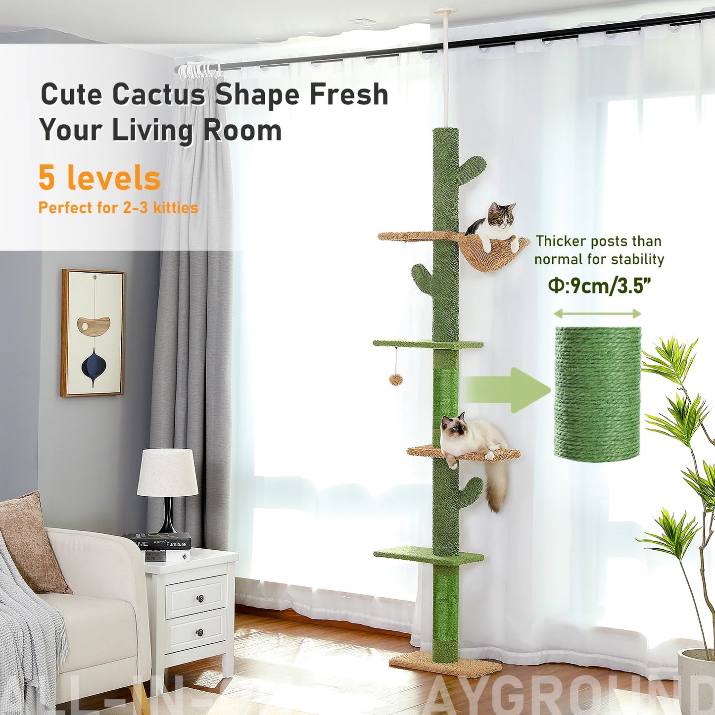 Cactus Cat Tree 5-Tier Floor to Ceiling Climbing Tree with Scratching Post and Hammock Dangling Ball