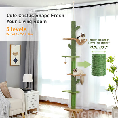 Cactus Cat Tree 5-Tier Floor to Ceiling Climbing Tree with Scratching Post and Hammock Dangling Ball