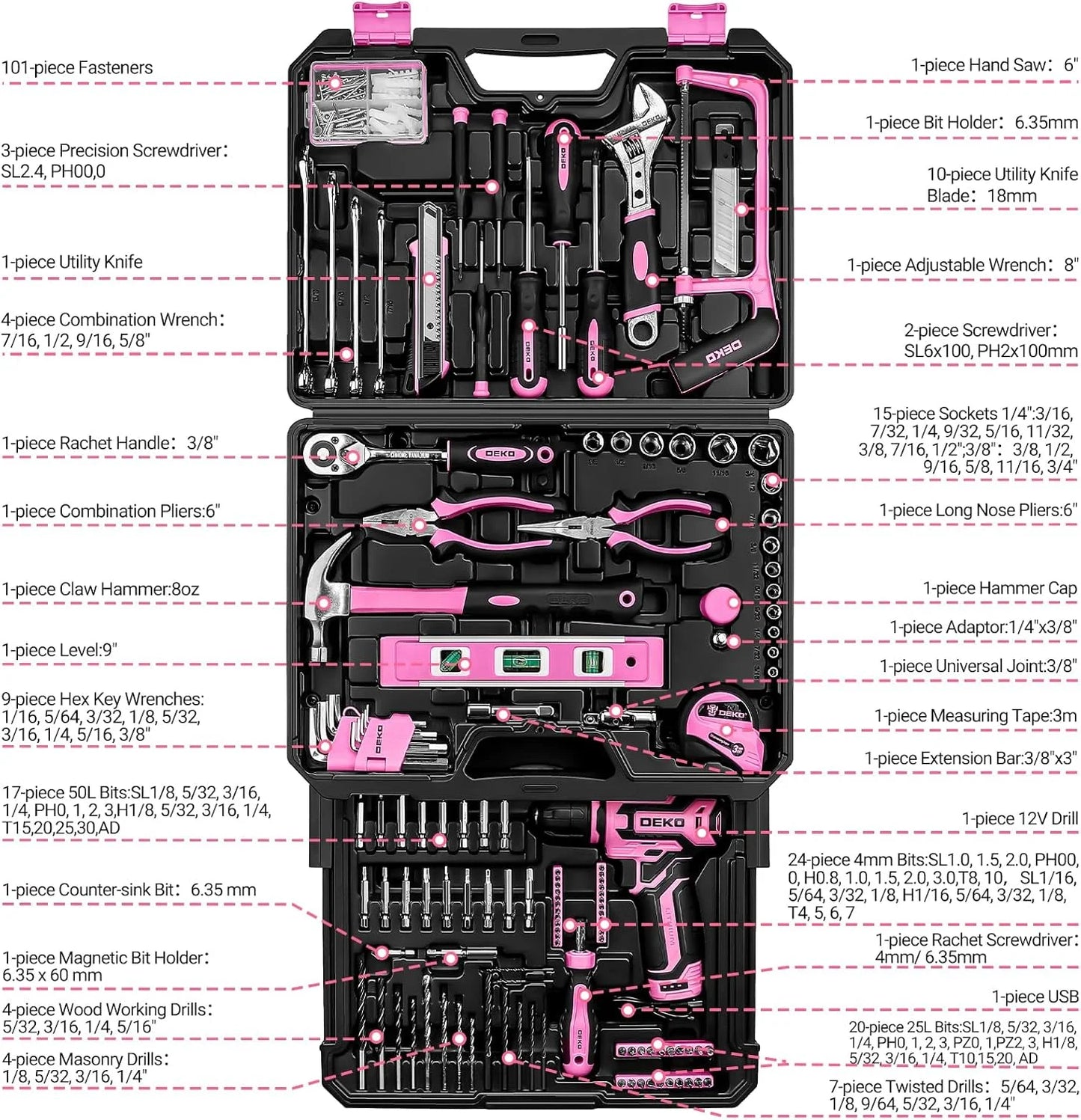 DEKO Home Mechanic Toolbox with 12V Power Cordless Drill Hand Repair Tools Sets Combo Kits Storage Organizer Drawer Case