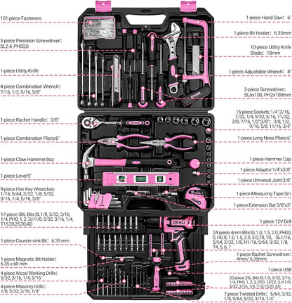 DEKO Home Mechanic Toolbox with 12V Power Cordless Drill Hand Repair Tools Sets Combo Kits Storage Organizer Drawer Case