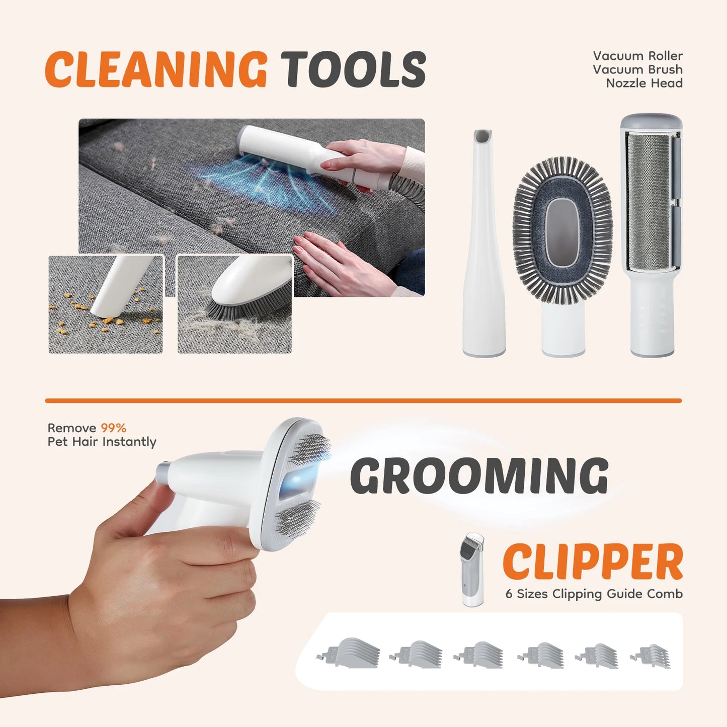 2.5L Professional Pet Grooming Vacuum Kit 3 Suction Modes and 5 Groomer Tools with Cordless Low Noise