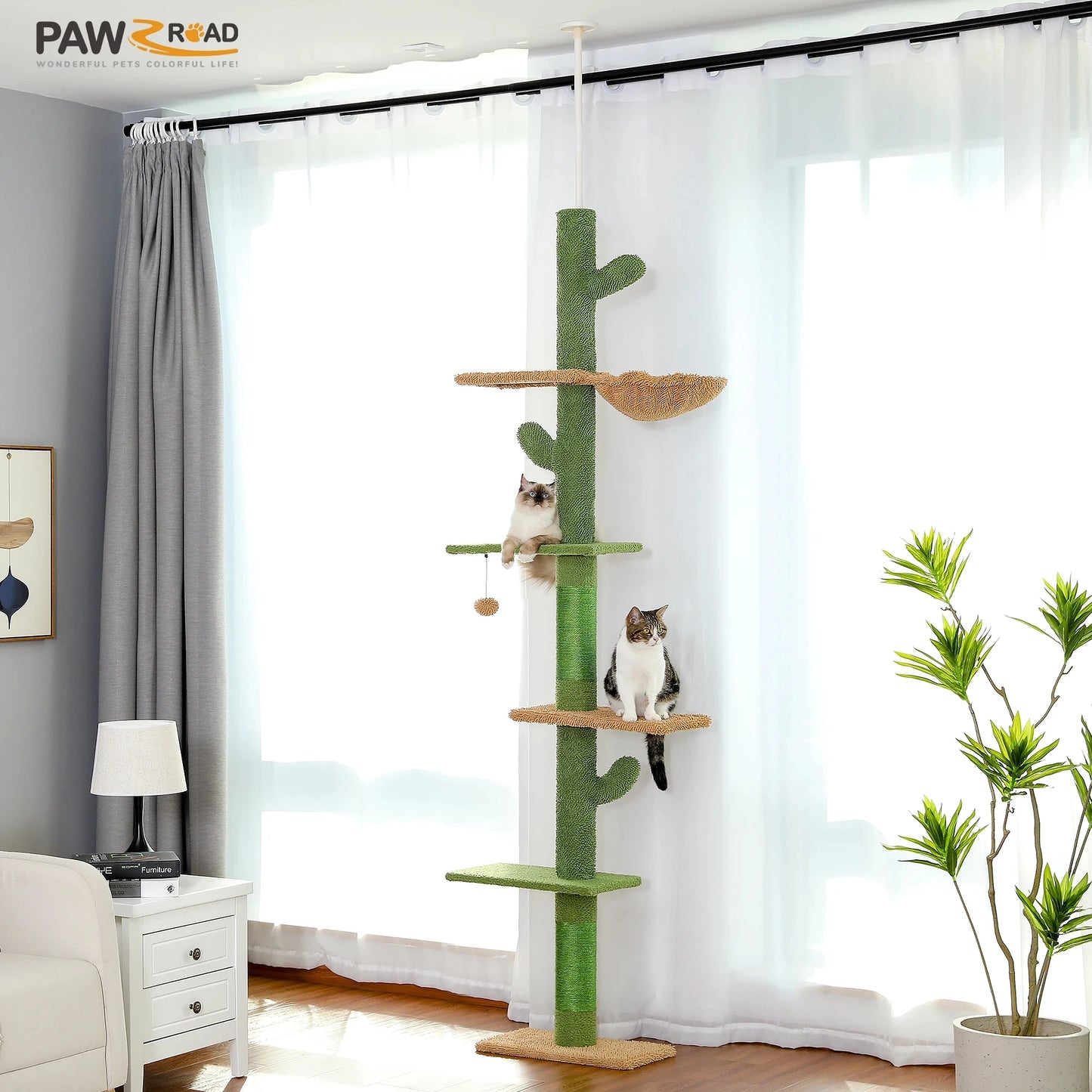 Cactus Cat Tree 5-Tier Floor to Ceiling Climbing Tree with Scratching Post and Hammock Dangling Ball