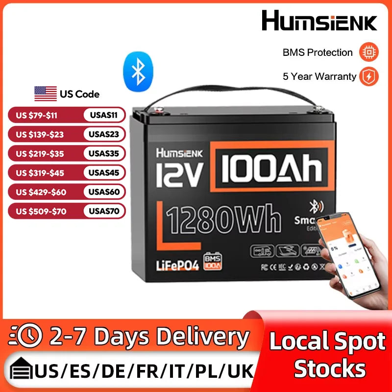 Humsienk 12V 100AH LiFePO4 Lithium Battery 1280Wh With Bluetooth/2-Year Warranty