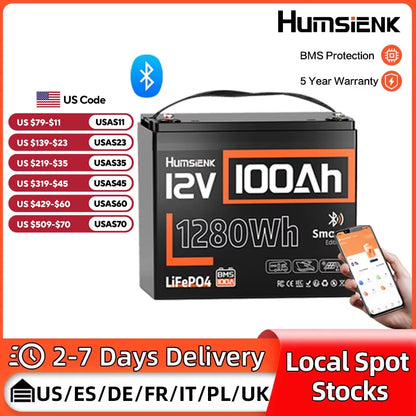 Humsienk 12V 100AH LiFePO4 Lithium Battery 1280Wh With Bluetooth/2-Year Warranty