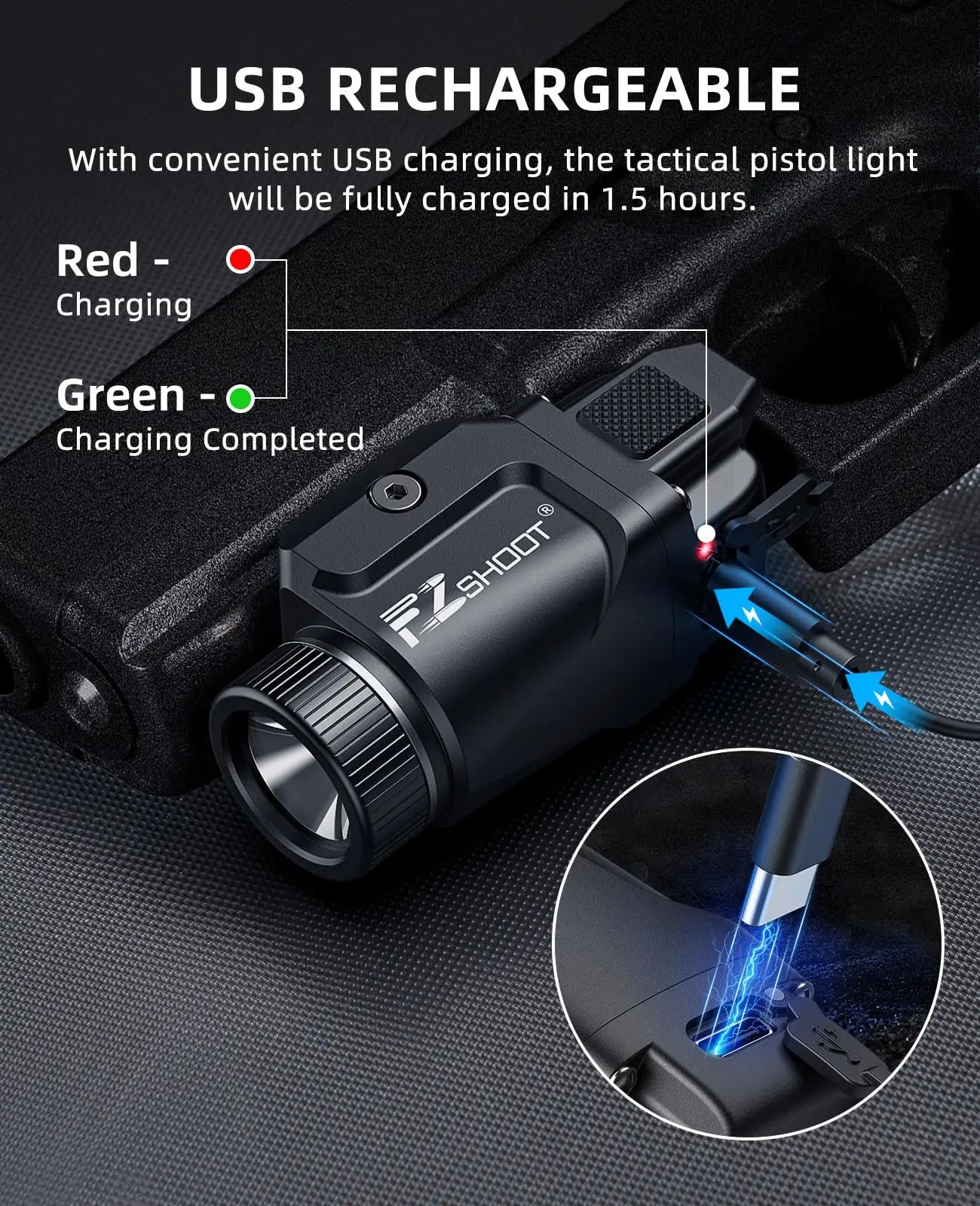 Rechargeable Bright Pistol Flashlight With Strobe Mode For Picatinny and GL Rails