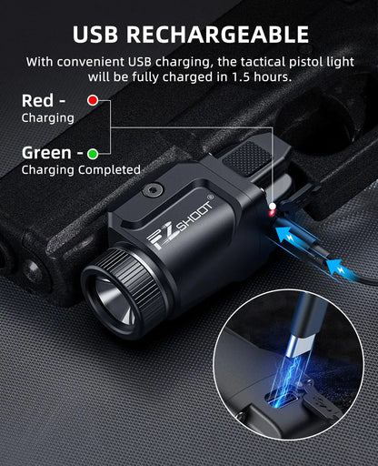 Rechargeable Bright Pistol Flashlight With Strobe Mode For Picatinny and GL Rails