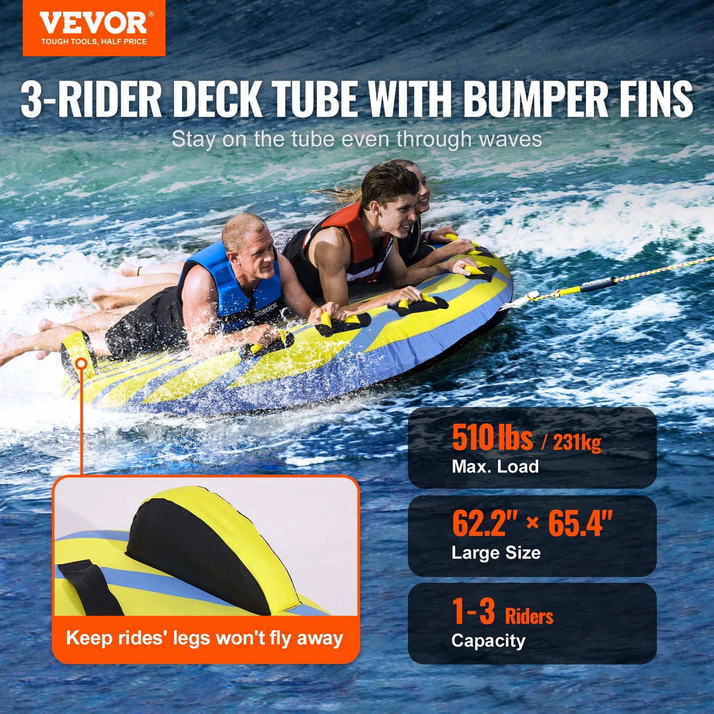 SucceBuy 1-3 People Towable Tube with Bumper Fins